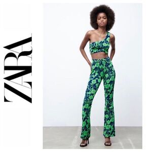 NWT Zara Blogger’s Favorite Green & Blue Jacquard High Waisted Pants, Size Small